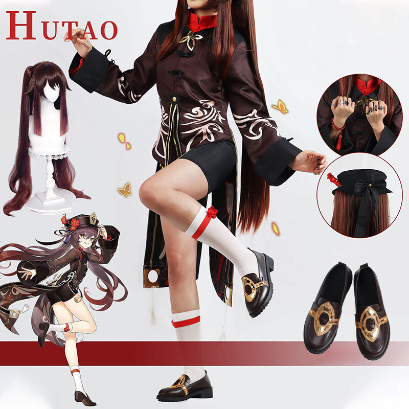 Hutao تأثيري لعبة Genshin تأثير زي للنساء ، شعر مستعار ، أحذية ، الزي الرسمي ، فستان Hu Tao ، طقم ملابس كامل ، حفلة الهالوين