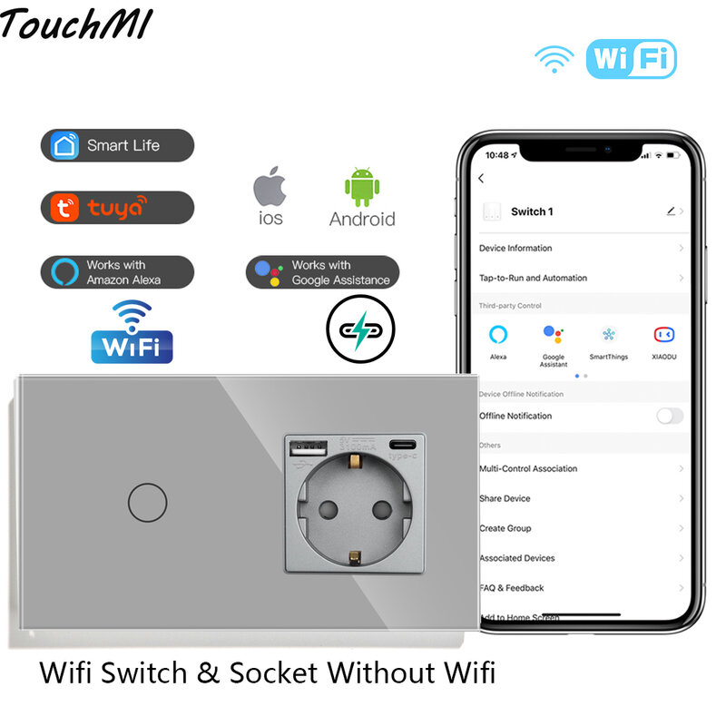 Touchimi Wifi Touch Switch 1/2/3Gang Smart Light Switches EU Wall Socket USB Type-C Power Outlets Tuya Google Alexa App Control
