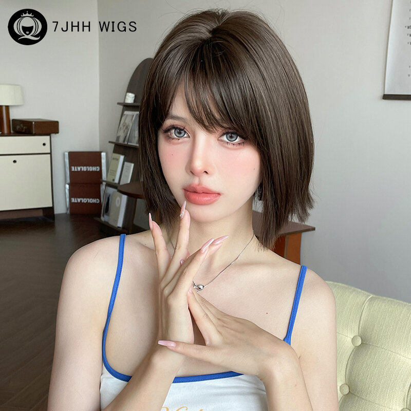 7JHH WIGS Routine Wig Synthetic Layered Dark Brown Bob Wig for Women Daily Use High Density Short Straight Wigs with Bangs