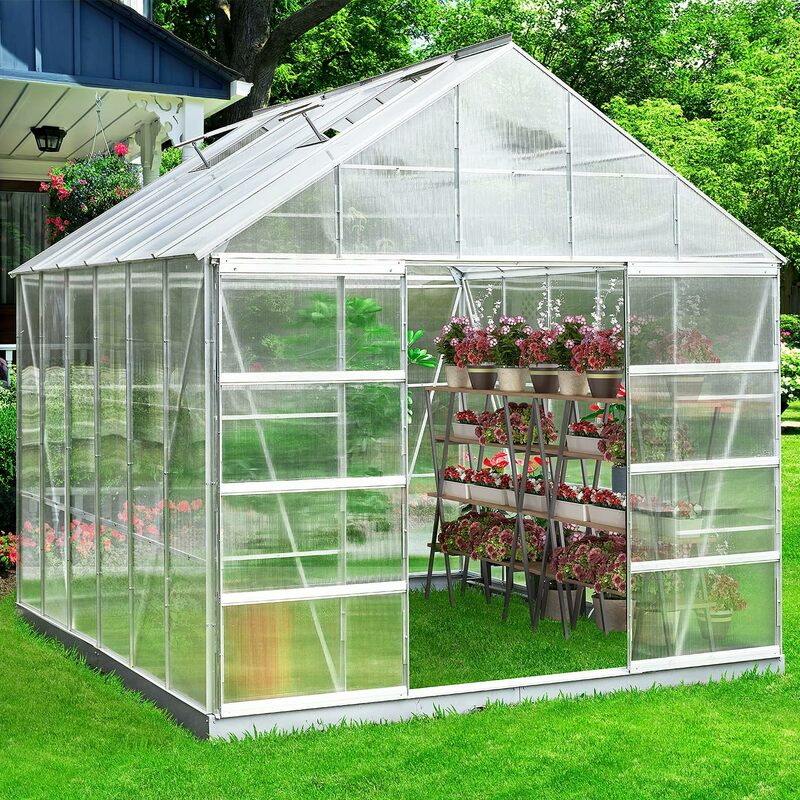 Invernadero para exteriores, casa verde para plantas con marco de aluminio de policarbonato, Ventilación de techo ajustable