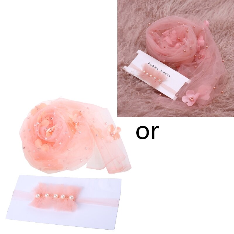 2Pcs Newborn Baby Photography Props Long Wrap  Beads Flower Decoration DIY Girl Boy Photo Props Blanket with Headbands