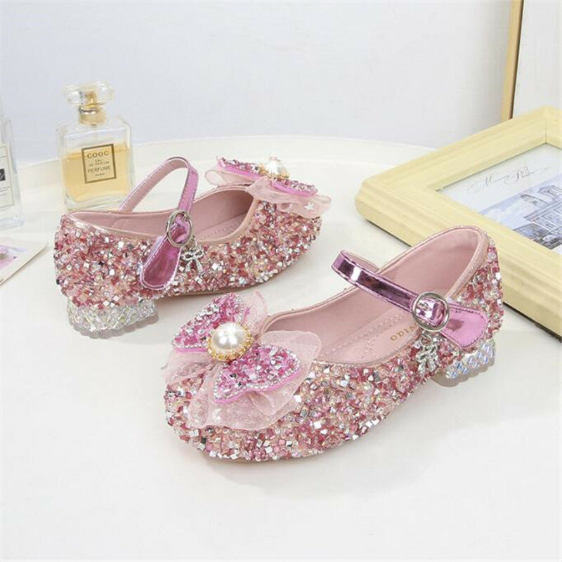 Principessa bambini scarpe da ballo scarpe in pelle per ragazze fiore Casual Glitter bambini tacco basso ragazze scarpe farfalla nodo blu rosa