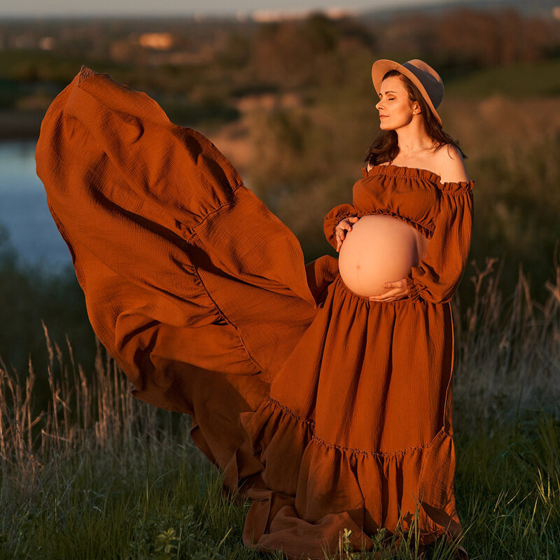 Artystyczna sesja zdjęciowa sukienka ciążowa wygodna odzież ciążowa bawełna lniana Retro Top z odkrytymi ramionami duża spódnica