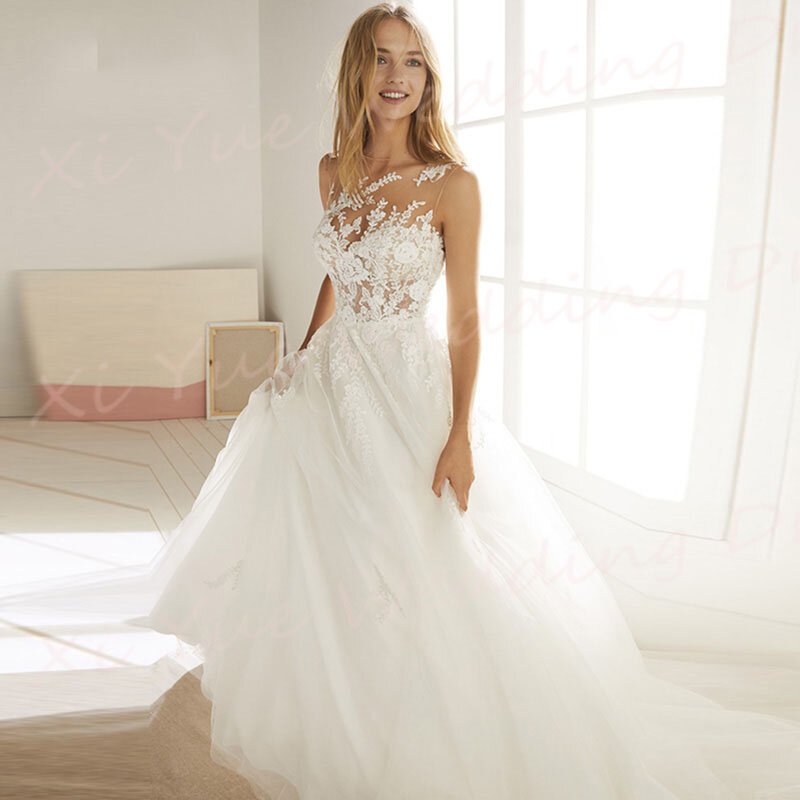 2024 Boho Elegant A Line Women's Wedding Dresses Romantic Appliques Lace Bride Gowns Button Princess Beach Vestidos De Novias