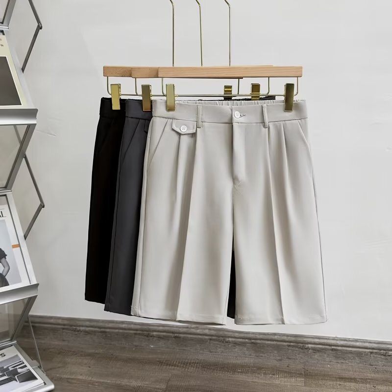 Summer Thin Men's Business Casual Shorts Fashion Japanese Drape Black White Grey Elastic Straight Knee-length Pants