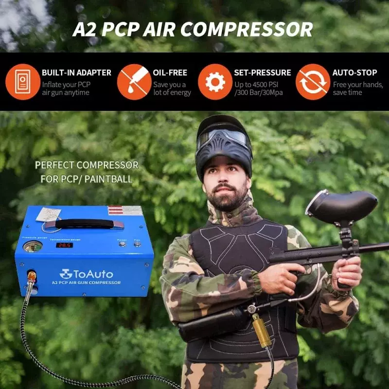 TOAUTO A2 PCP Air Compressor, Auto-Stop, Portable 4500Psi/30Mpa, Oil/Water-Free, 8MM Quick-Connector HPA Compressor for Paintbal