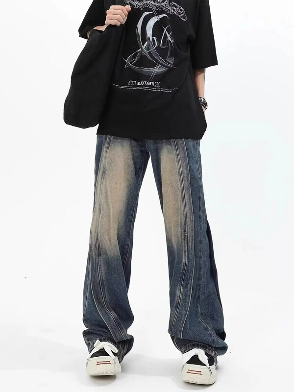 جينز رجالي في الشارع العالي في الولايات المتحدة ، صناعة ثقيلة عتيقة ، ربط مفكك ، تصميم Y2K ، مستقيم ، بنطلون بساق واسعة ، أزياء كورية