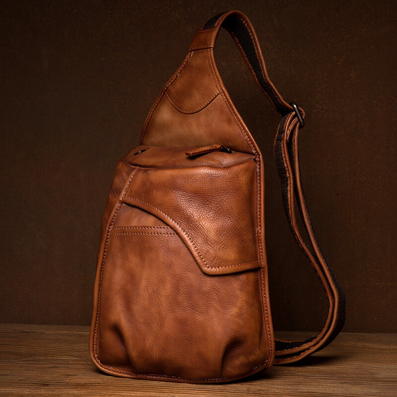 حقيبة الصدر الجلدية المصنوعة يدويا للرجال ، حقيبة كروسبودي ، حقيبة الكتف عادية ، حقيبة ركوب الدراجات الرياضية ، المد الرجعية