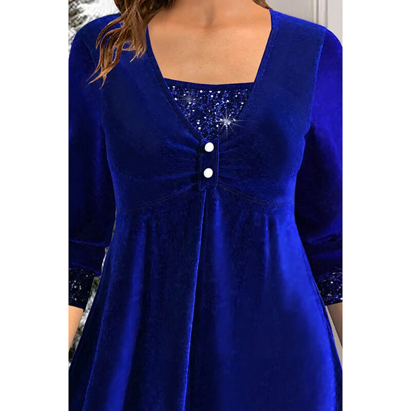Plus Size Loose Dress Top Wide Royal Blue Christmas Glitter Sequin Button Pleated Tunic 2 in 1 Commuter Long Sleeve Shirt