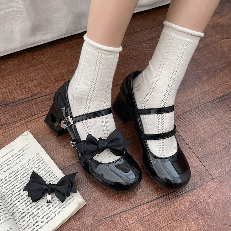 Pink Mary Jane Lolita Shoes Women 2023 Autumn Y2K Patent Leather Low Heels Pumps Woman Silk Bowtie Ankle Straps Party Shoes