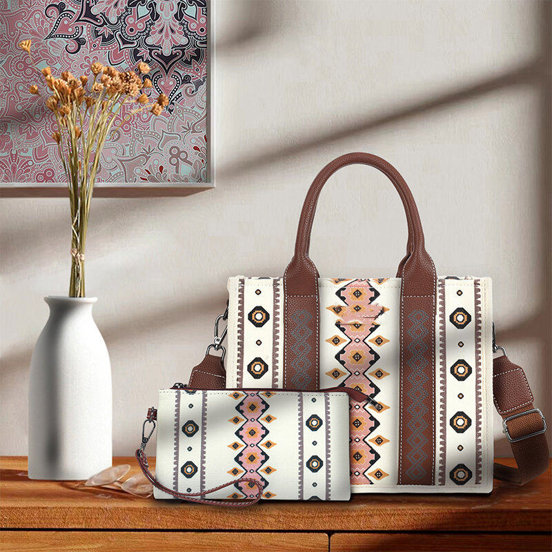 Women Canvas Western Printed Tote Handbag Large Capacity Shoulder Boho Aztec Bags New Wrangler Cowgirls Commuter Shopping Purse