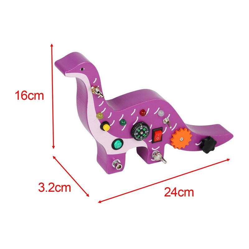 Dinosaur Busy Board with Light Early Educational Teaching Material Fine Motor Skills Wooden Sensory Board for Kids Toddlers 1-3