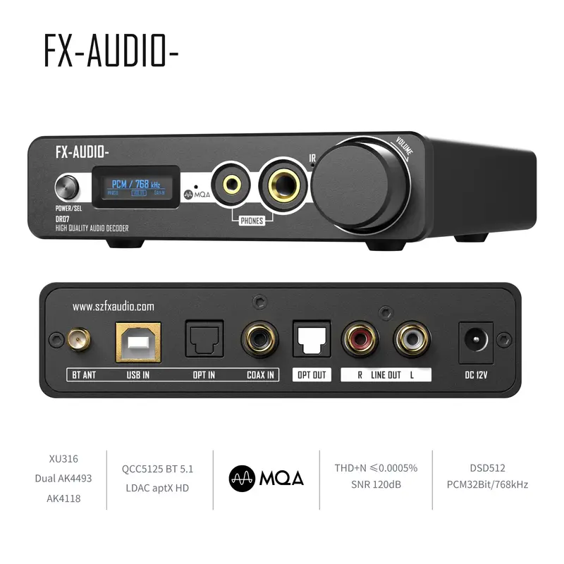 FX-AUDIO DR07 Dual AK4493 DAC All-in-One Headphone Amplifier Bluetooth 5.1 DSD512 PCM 768kHz/32Bit DAC/AMP With Remote Control