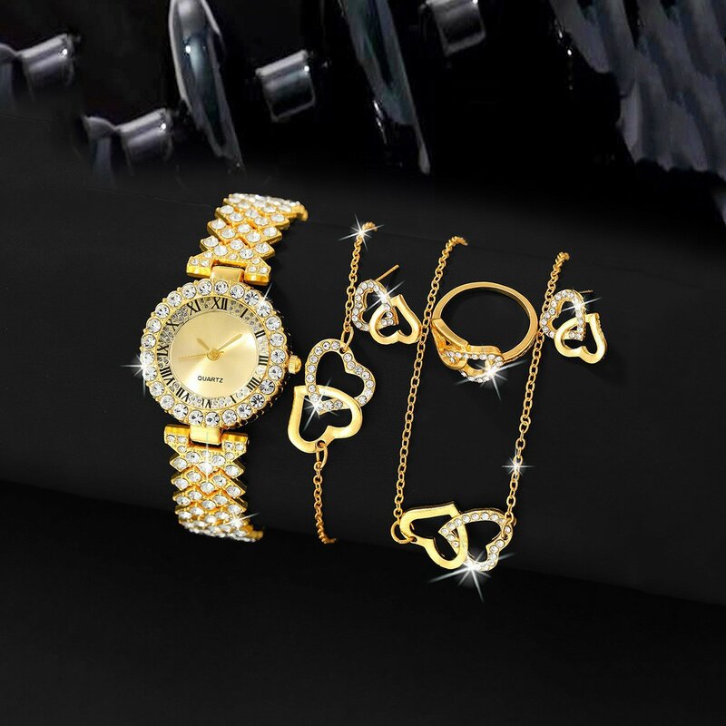 Dainty jam tangan Quartz wanita, Set perhiasan bentuk hati berlian imitasi dengan Set hadiah Valentine