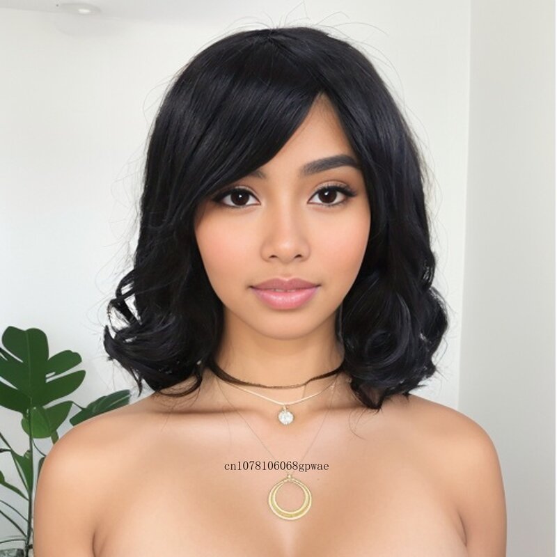 Shoulder Length Black Natural Synthetic Hair Wigs Curly Wavy Wig with Side Bangs for Women Lady Girl Heat Resistant Daily Party