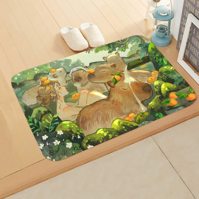 Felpudo de franela con estampado gráfico de dibujos animados c-capybara, alfombra de entrada para baño, cocina, decoración del hogar