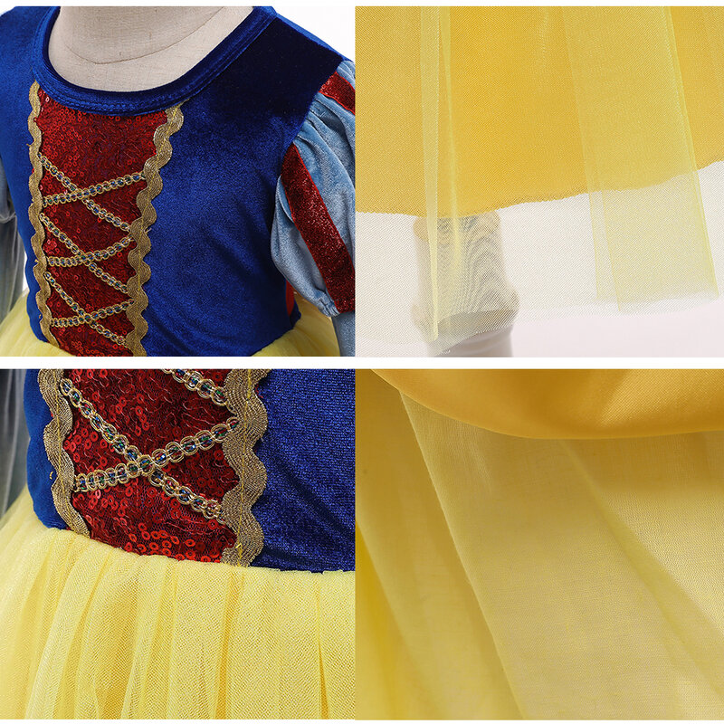 Princess Dress Girl Snow White Cosplay Costume Long Sleeve Velvet Gown Carnival Fancy Outfits Christmas Party Disguise Frock