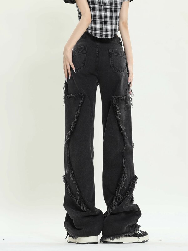 High-waisted American-style Streetwear Jeans Fashion Raw Edge Design Sense Wide-leg Jeans Women Baggy All Match Jeans