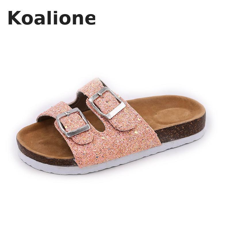 Summer Beach Shoes Kids Slippers For Girls Cork Sandals Bling Sequins Parent-Child Shoes Leopard Barefoot Slippers High Quality
