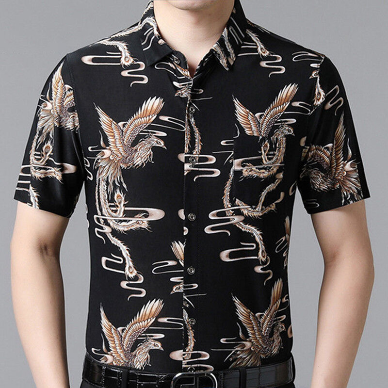 Рубашка мужская с винтажным принтом, Повседневная Свободная футболка на пуговицах, с лацканами, в английском стиле, лето 2024