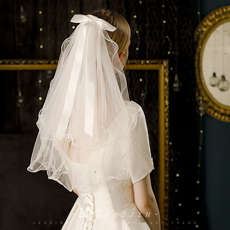 Véu nupcial marfim para noiva, 2 camadas, laço de fita com pente, acessórios do casamento, pérola branca