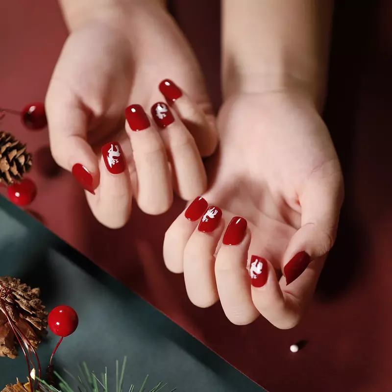 짧은 크리스마스 인조 손톱 선물, 하얀 눈송이, 빨간색 디자인, 가짜 손톱을 착용, 이동식 손톱에 눌러 팁, 무료 배송, 24 개