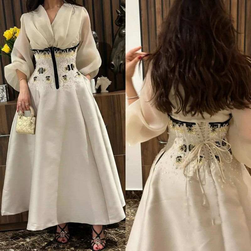 Jiayigong Satin Applikation drapiert Hochzeits feier A-Linie V-Ausschnitt maßge schneiderte Anlass Kleid Langarm Kleider Saudi-Arabien
