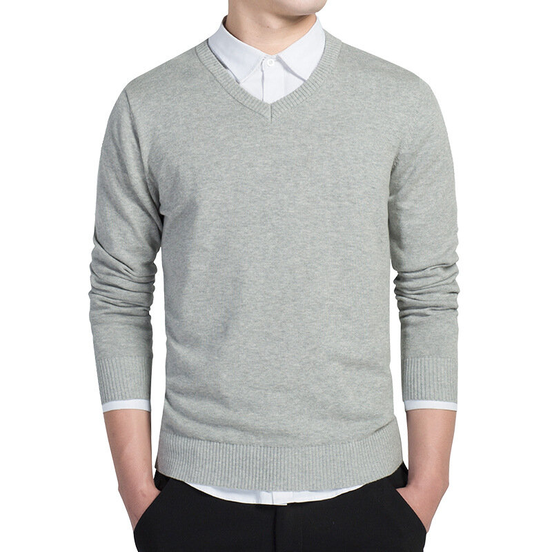 Мужской свитер, повседневные Пуловеры сезона осень 2024, мужские однотонные Хлопковые вязаные брендовые свитеры с V-образным вырезом, приталенные мужские свитеры