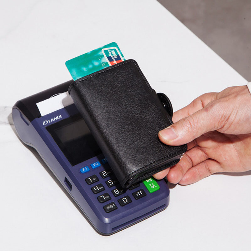Porta carte di credito da uomo porta carte di credito in pelle in fibra di carbonio per uomo e donna Mini portafoglio Rfid in metallo con doppia scatola