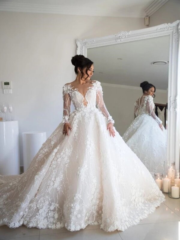 Винтажное цветочное арабское свадебное платье 2022 кружевные иллюзионные Свадебные платья с длинным рукавом дизайнерское свадебное платье со шлейфом