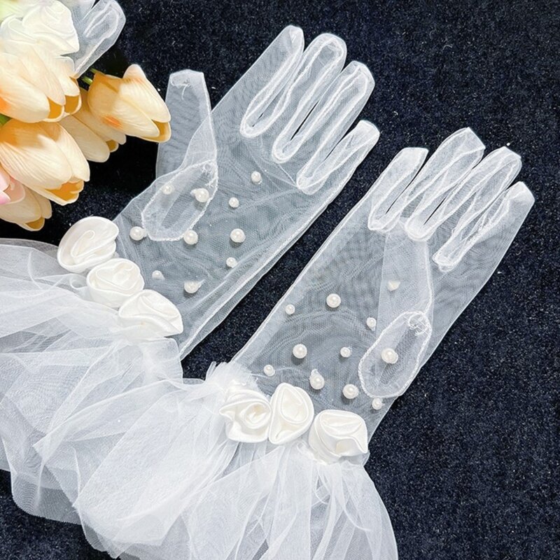 قفازات الزفاف، قفازات قصيرة لؤلؤية، إكسسوارات شعر العروس، قفازات بيضاء شفافة HXBA