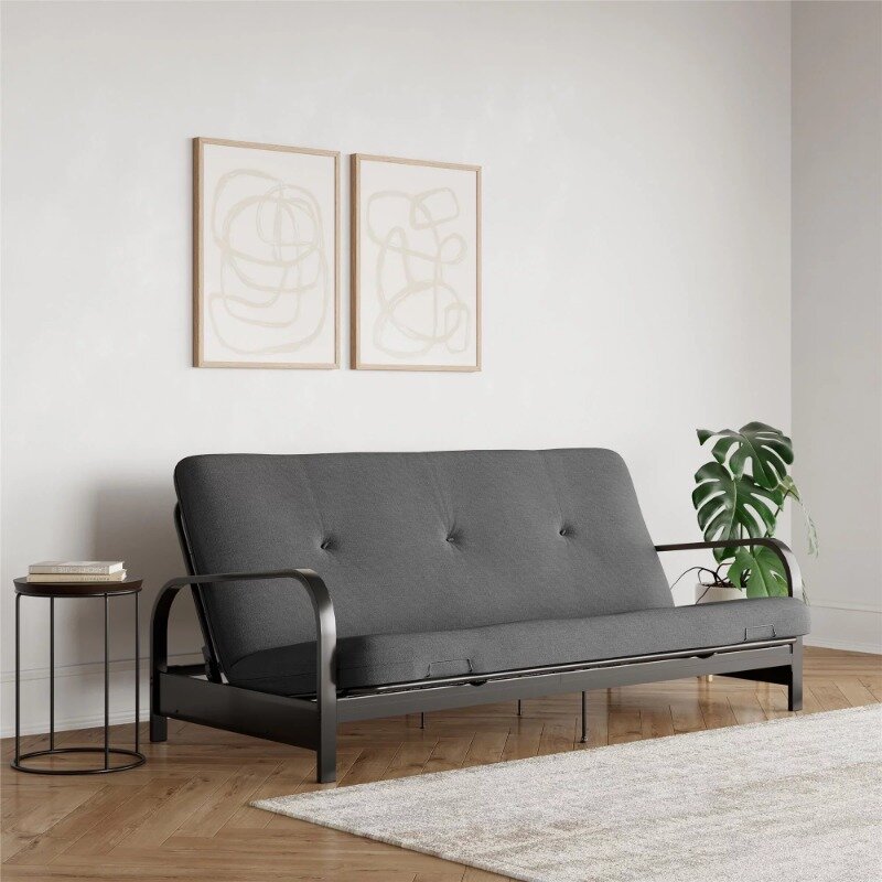 Caddie-colchón de futón de 6 pulgadas con funda acolchada y relleno de poliéster reciclado, futón de lino negro completo, muebles de sala de estar