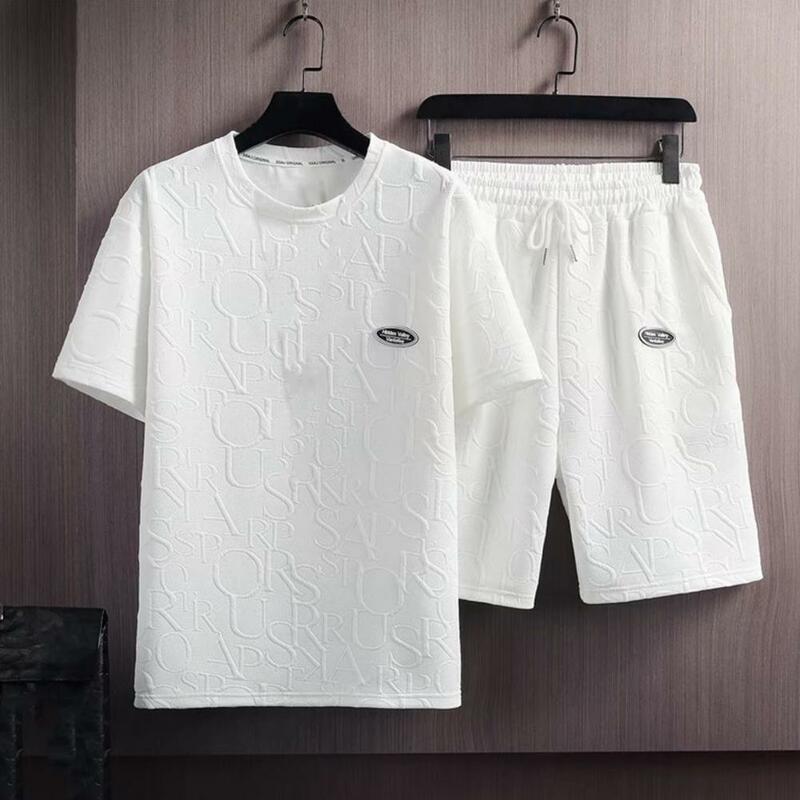 2 Pcs/Set Chic Men T-shirt Shorts Suit Breathable Two-piece Drawstring Crew Neck Stretchy Waist Men Tracksuit