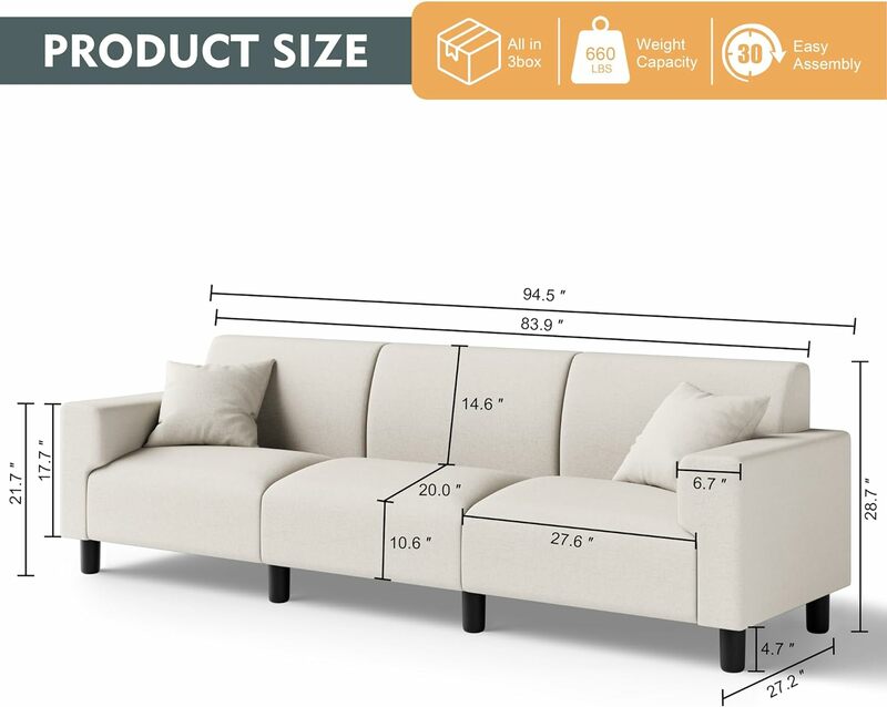 Sofa 94", nowoczesna sofa z bardzo głębokimi siedzeniami, 3-osobowa sofa do salonu, wygodne kanapy do sypialni