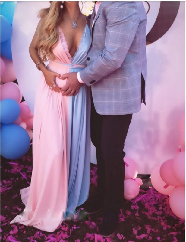 性別披露パーティーのためのマタニティドレス,写真撮影のためのピンクと青のステッチの服,妊婦のためのVネックのバックレスドレス