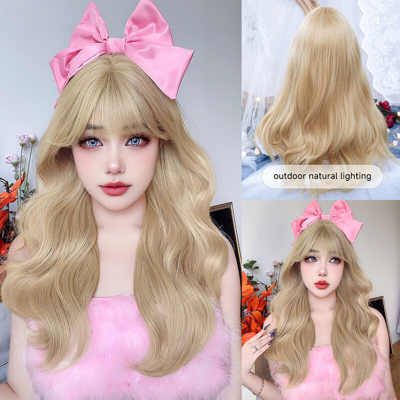 24 Cal Blond Lolita peruki syntetyczne z hukiem długa naturalne kręcone włosy peruka dla kobiet do codziennego użytku Cosplay Drag Queen żaroodporna