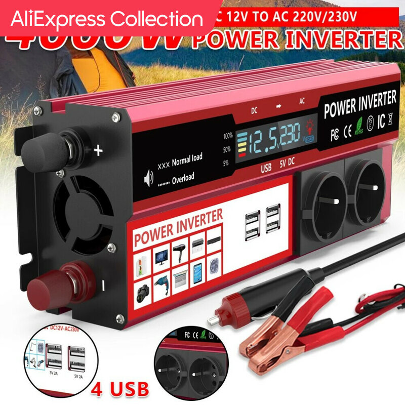AliExpress 컬렉션 전력 인버터, DC 12V-AC 220V 230V 변압기, 4 USB EU 소켓 충전, LED 디스플레이 포함, 4000W, 3000W