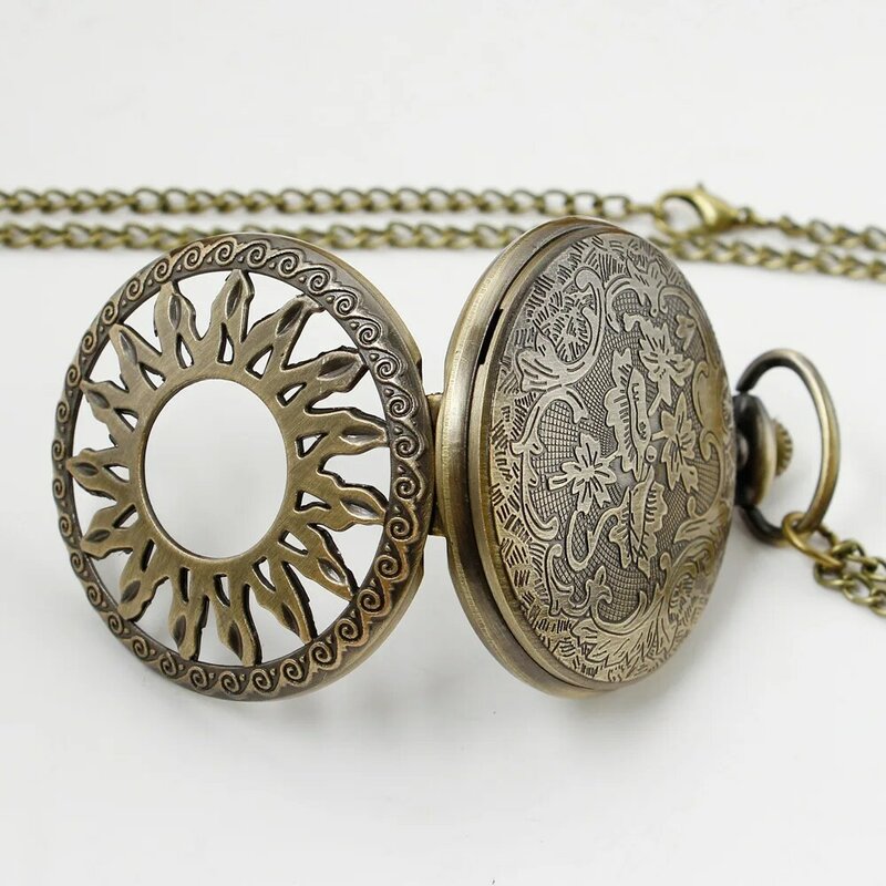 Hohle Sonnenblumen Quarz Tasche Flip Fob Uhr Retro antike Bronze Taschenuhren Männer Halskette Anhänger Kette