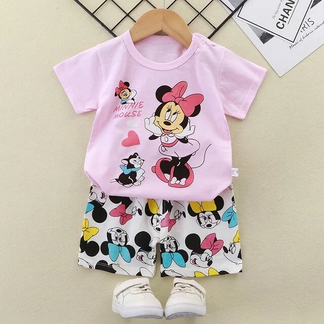 2 buah/set pakaian bayi perempuan pakaian musim panas anak-anak kaus lengan pendek + celana pendek anak perempuan pakaian Disney 1-3 usia