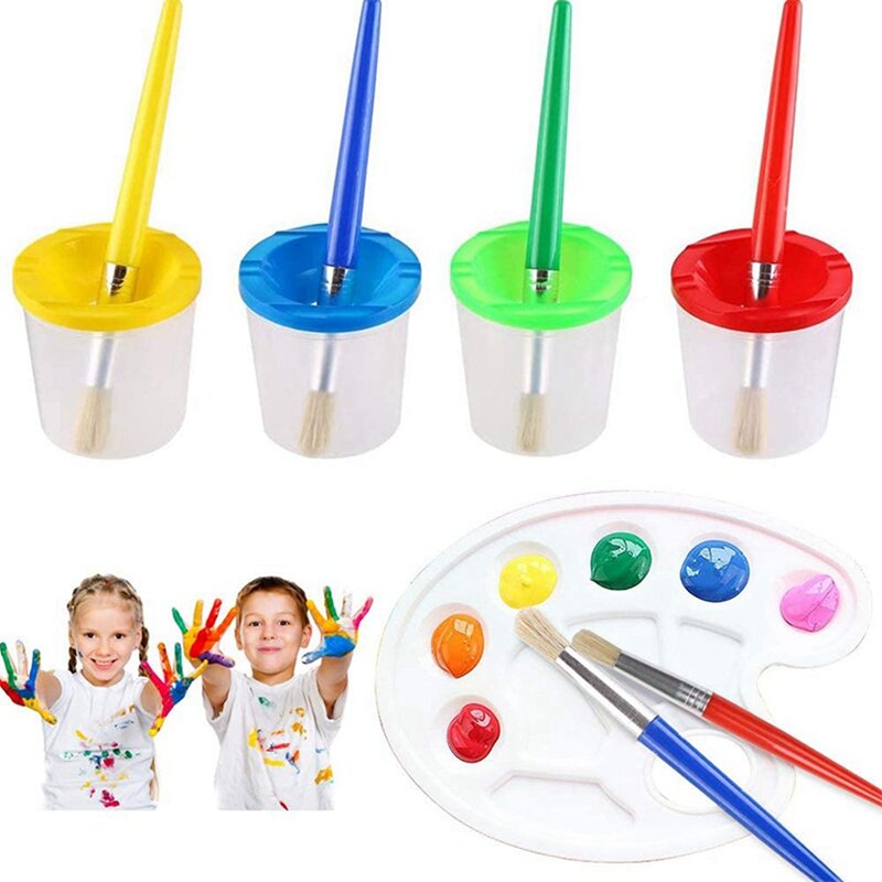 90 Pcs No Spill Paint Cups Set With Paint Brushes And Paint Tray Palette, Paint Cups With Lids For Kids Art Painting