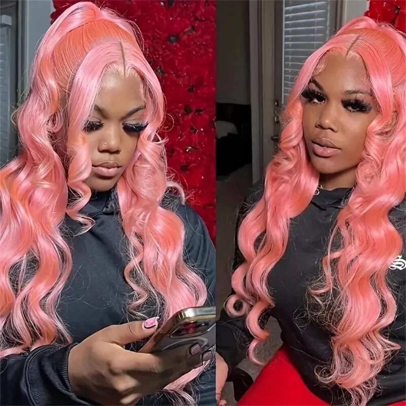 Peruca dianteira do laço da onda do corpo para mulheres, cabelo remy brasileiro rosa, peruca de cabelo humano frontal de renda 13x4 HD, 13x6, 18-34in