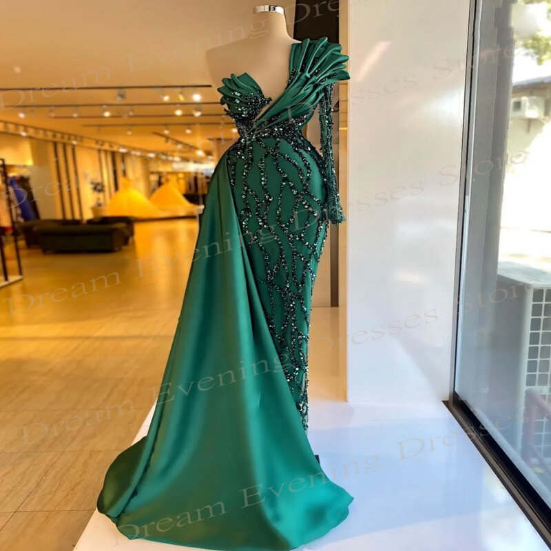 Luxury Sequins Green Mermaid Modern Evening Dresses One Shoulder Sweetheart Prom Gowns Beading Satin Frill Celebrity Custom 2024