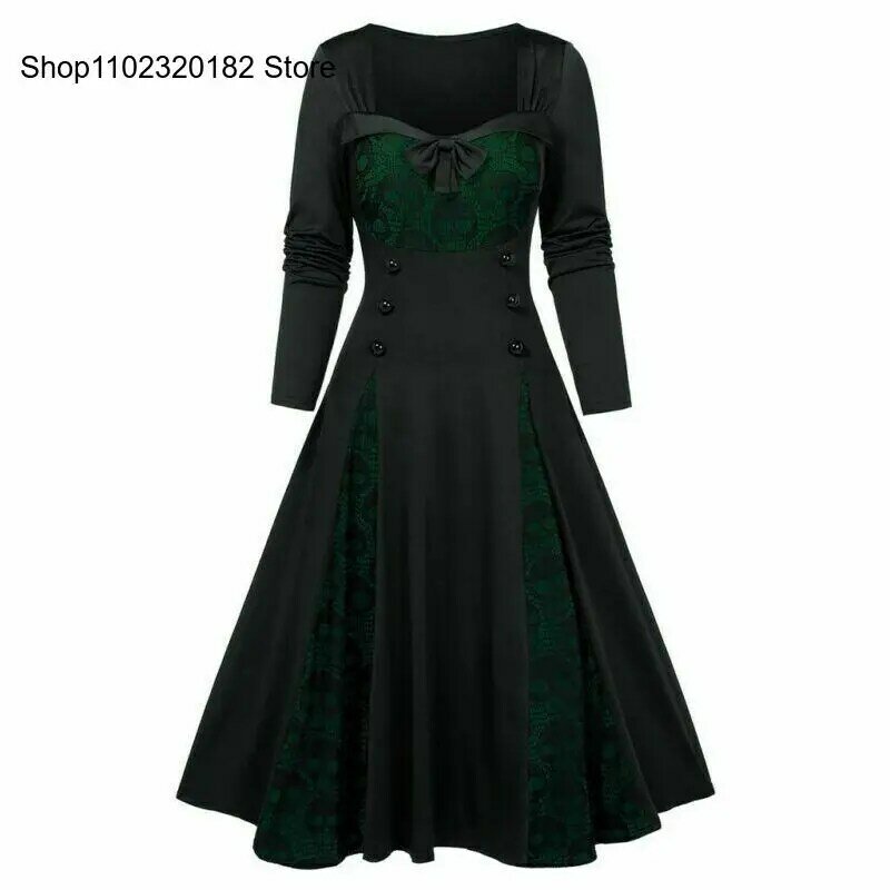 Retro Medieval Lace Patchwork Contrasting Long Sleeved Dress for Women