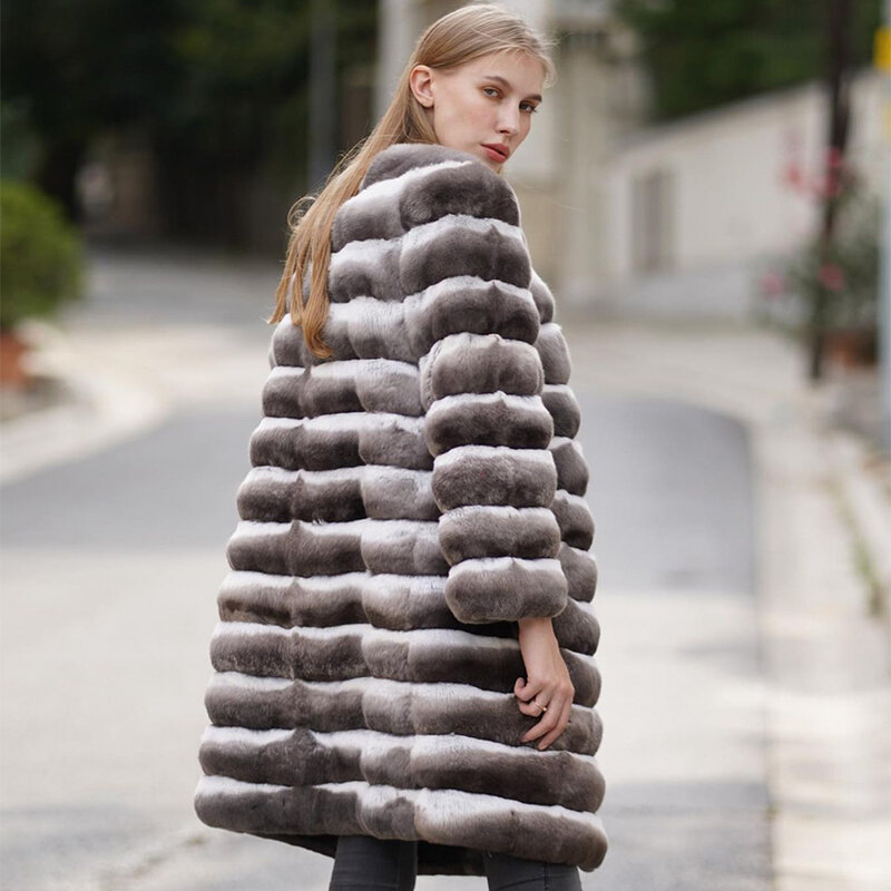 ملابس الشتاء النساء شينشيلا أرنب معطف الفرو الطبيعي ريكس الأرنب الفراء الستر الدافئة الفاخرة الموضة