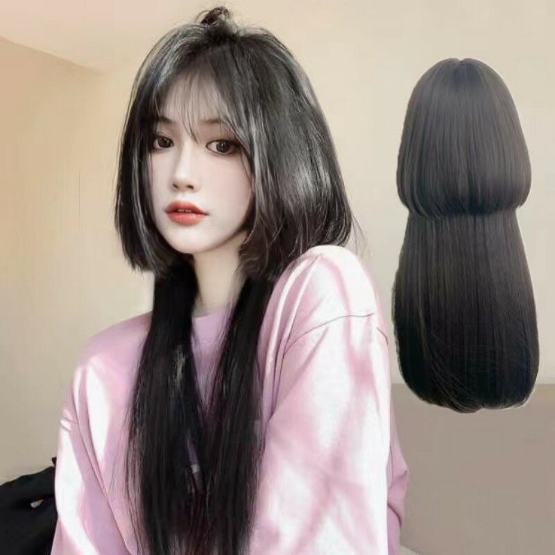 Wig Jellyfish Head Long Straight Hair Girl Full Head Set Natural Simulation Short Princess Cut