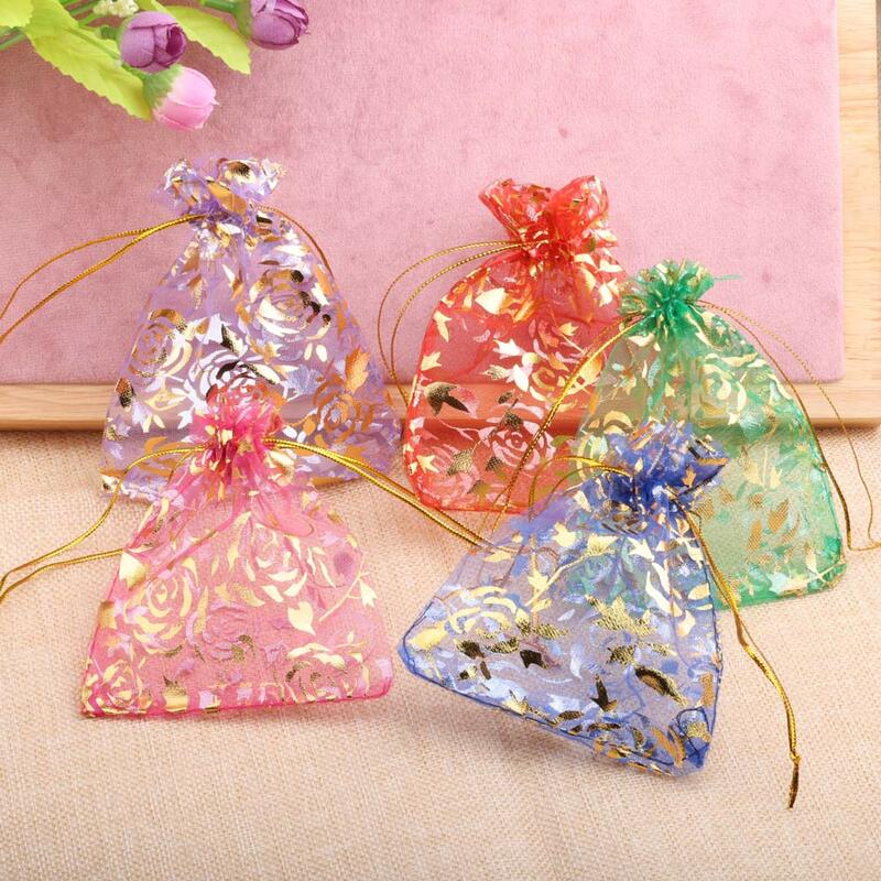 Bolsas de joyería de Organza rosa, bolsas de embalaje con cordón de Color dorado caramelo, fiesta de boda y Navidad, 7x9/9x12/10x15/13x18cm, 50 piezas