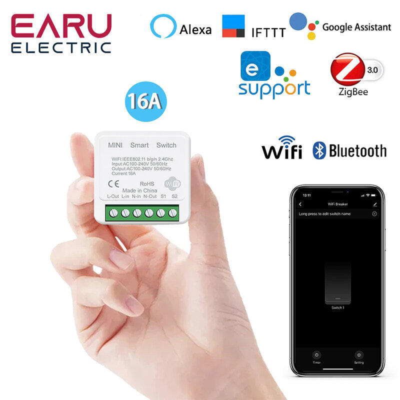 Mini eWeLink WiFi Smart Zigequation LED Light Remote Switch, DIY Quotes, Breaker Tech, Minuterie Control, Alexa, Google Home, 2Way Control, 16A