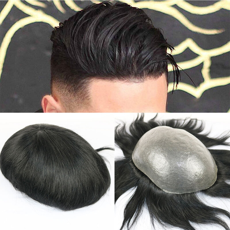 Wig rambut alami pria 0.06mm Vlooped PU dasar pria Toupee Super tahan lama tidak terdeteksi rambut manusia pria Wig prostesis kapiler