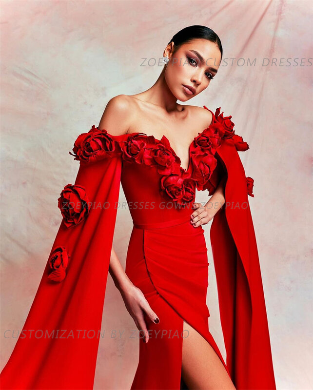 Red Sexy 3D Flowers Side Slit Prom Dresses Mermaid Floor Length Satin Off Shoulder Evening Dresses Formal Occasion Party Dress