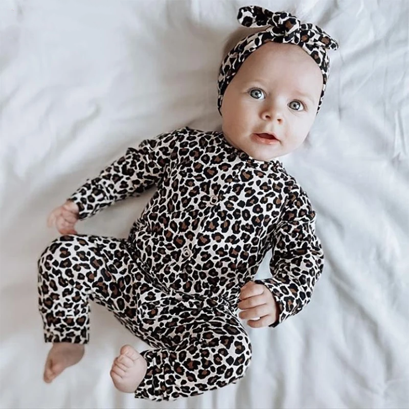 Bebê recém-nascido de manga comprida macacão e bandana, roupas infantis, macacão de algodão leopardo, roupas infantis, primavera, outono, 2 peças